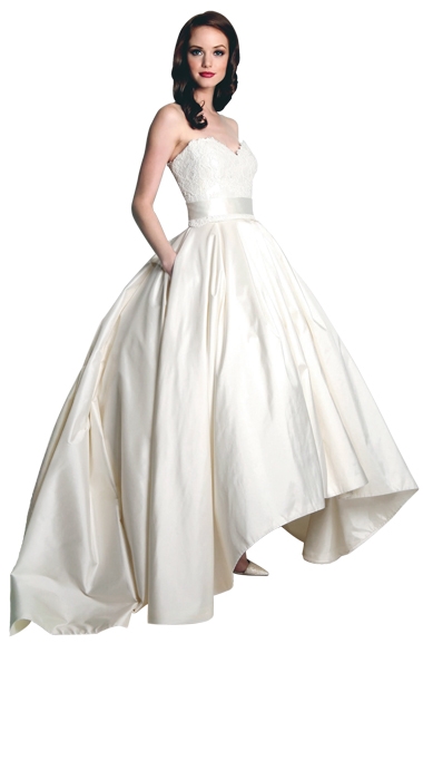 Gown: “Honor”  by Modern Trousseau; Trend: hi-lo  ballgown skirt; Shop: Modern Trousseau Charleston