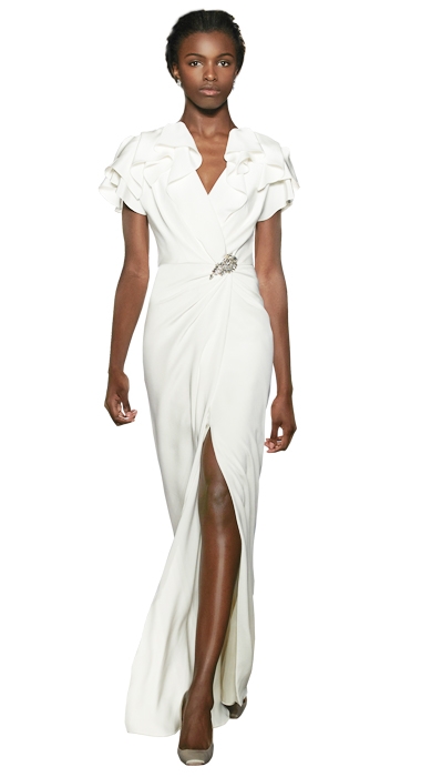 Gown: “Kelly”  by Jenny Packham; Trends: shoulder embellishments and thigh-high slit; Shop: White on Daniel Island