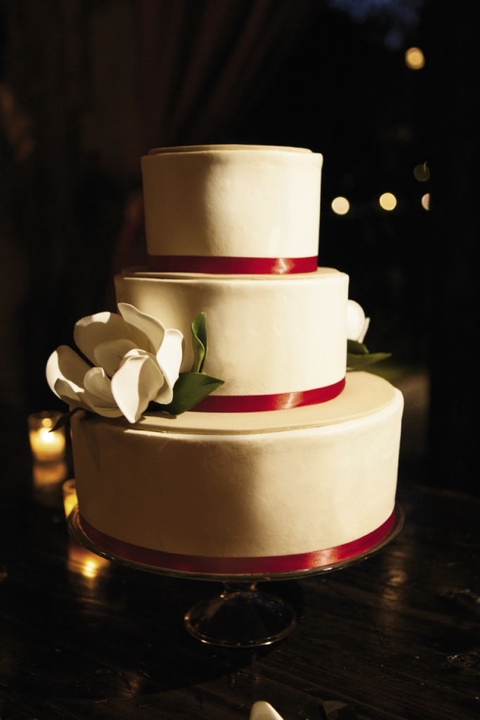 PIECE OF CAKE: Elaine’s Events—Cakes of Distinction accented the wedding cake with handmade sugar magnolia blooms.