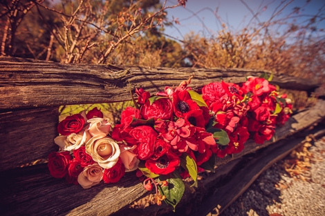 HOLD THAT POSE: Extend the life of your bouquets by asking your photographer to capture them in a still-life. Here, the velvety red blooms are striking when placed upon a split-rail fence on the plantation grounds.