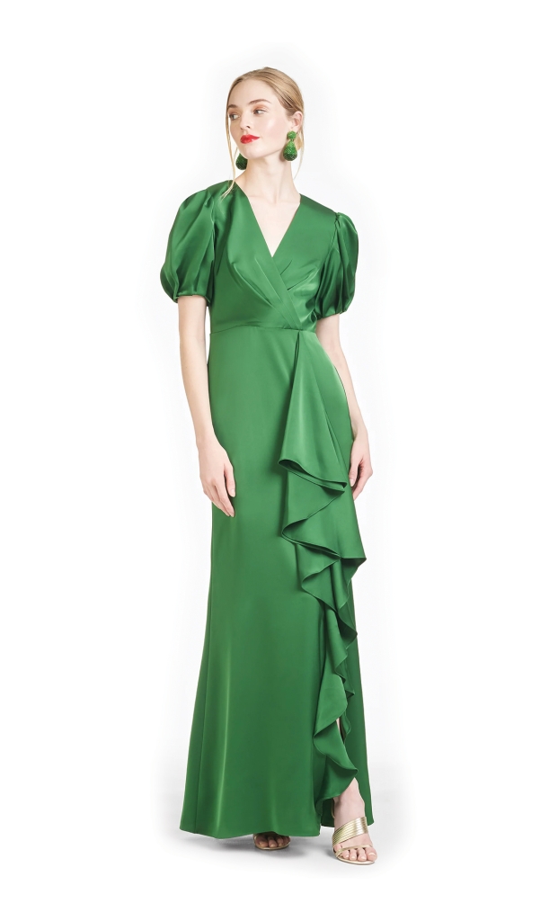 Green Goddess - Sachin &amp; Babi crepe “Mila” gown with cascading ruffle in “emerald,” $650 at Gwynn’s of Mount Pleasant