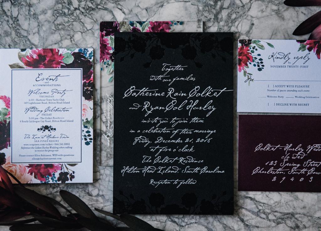 The stationery suite foreshadowed the wedding’s palette and heavy-on-florals design.