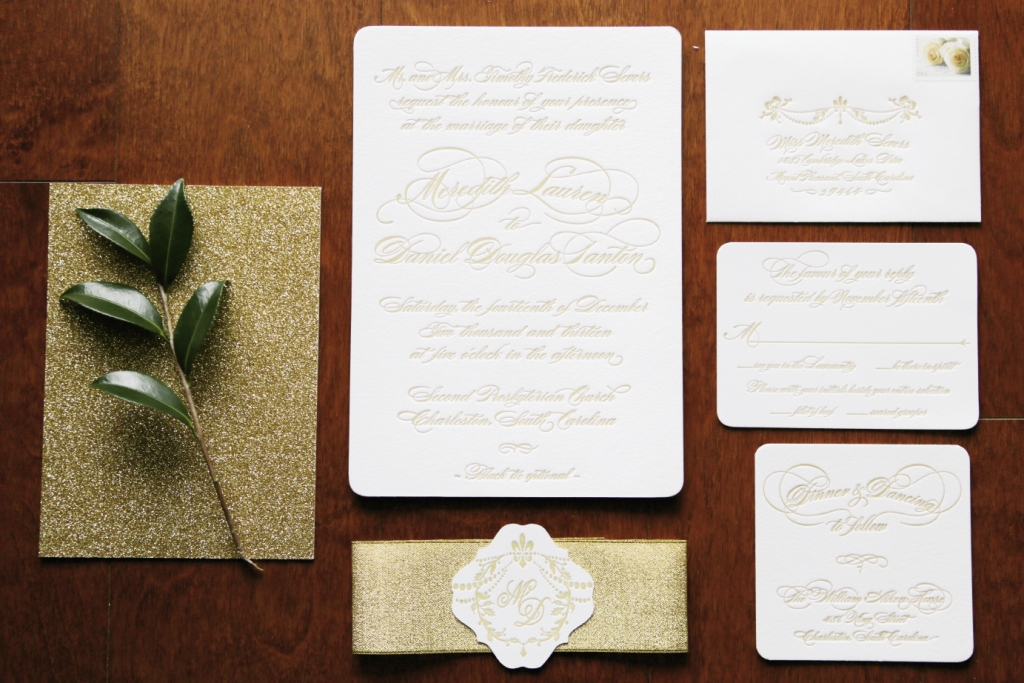 Make sure gold text on stationery is as legible as it is glam, as is this suite by Sixpence Press.  Image by The Connellys.