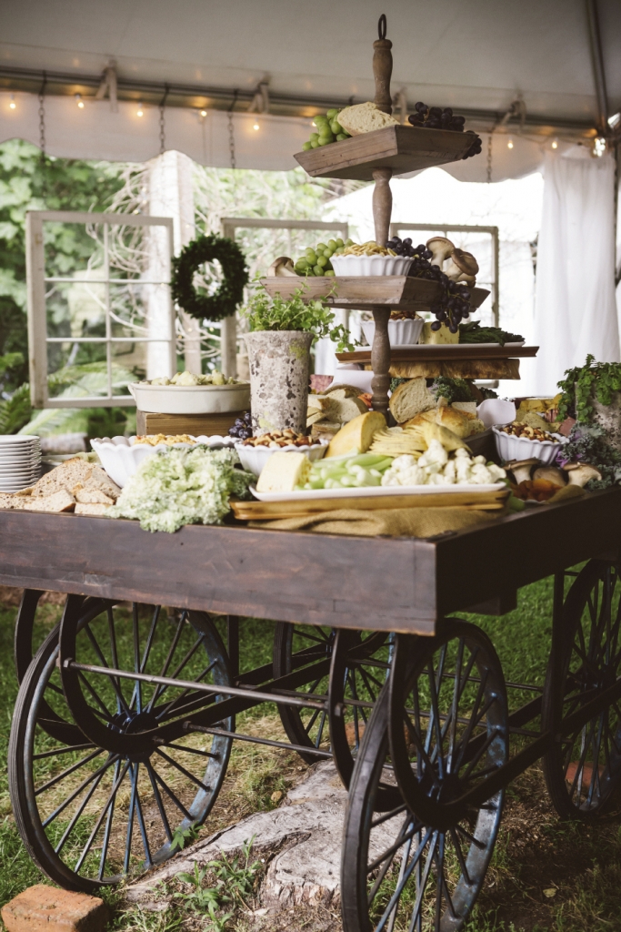 LUNCH CART: Incorporate your own furniture into your reception, like the bride and her mother did with this cart. Lowcountry Eats amplified the bountiful look by displaying cheese and vegetables on stands.