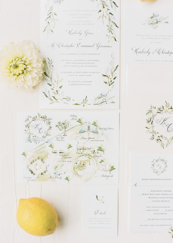 Mac &amp; Murphy designed watercolor maps of Middleton Place so guests could treat themselves to self-guided tours during the cocktail hour while the couple snapped portraits. Kim and Chris’s lemon-framed crest also donned a backgammon game that awaited any interested celebrant.