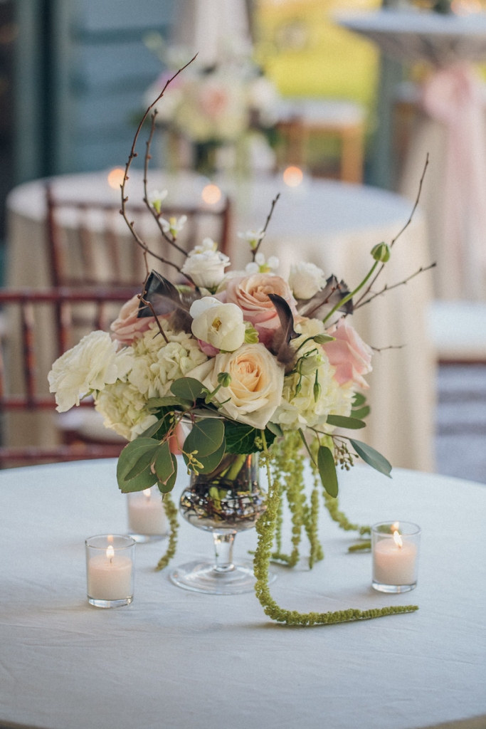 Reception florals and wedding design by Engaging Events. Image by Richard Bell Weddings at Magnolia Plantation &amp; Gardens.