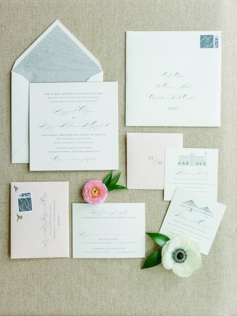 The Cheree Berry stationery suite bore iconic elements of the Holy City (the Ravenel Bridge, Old Citadel, etc.) and foreshadowed what Calder called the day’s “Carolina traditional” look. &lt;i&gt;Image by Lucy Cuneo Photography&lt;/i&gt;