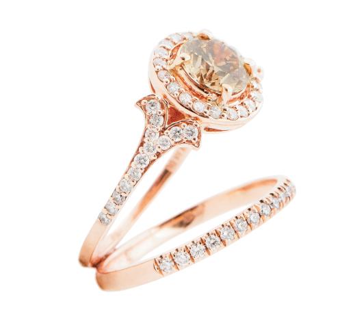 14K rose gold ring with 1 ct. diamond and accent diamonds (.375 total cts.) and 14K rose gold band  with diamonds (.18 total cts.), both from Skatell’s Manufacturing Jewelers; prices on request