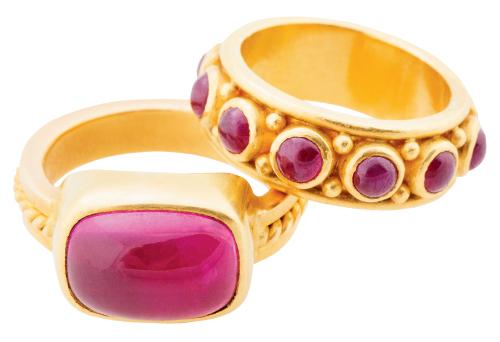 Sara Amos’ 22K yellow gold ring with 6 ct. rubellite and 22K yellow gold band with rubies (4 total cts.), both from Helena Fox Fine Art; $6,200 and $4,400, respectively