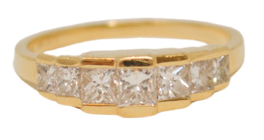 Princess-cut diamonds (1.05 total cts.) set in 14K yellow gold from Gold Creations ($2,250)