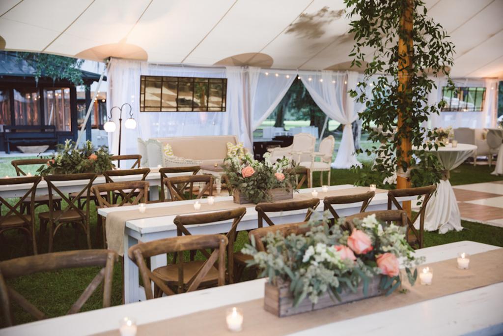 Tables from EventHaus. Chairs from Snyder Events. Florals and wedding design by Fox Events. Tent and dance floor by Sperry Tents Southeast. Greens by Nancy’s Exotic Plants. Image by amelia + dan photography.
