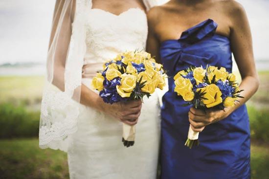 POP OF COLOR: Yellow roses with blue delphinium accents made for simple, bold bouquets.