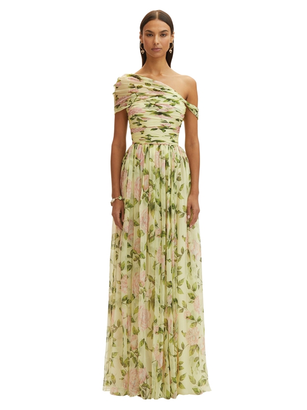 Oscar de la Renta silk chiffon on dress with ruched design and one-shoulder silhouette in “English roses” in “pink/light yellow,” $6,990 at Gwynn’s of Mount Pleasant.