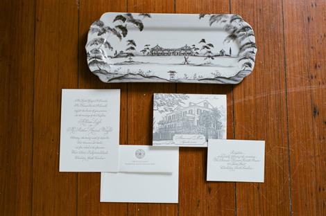 BOLD IMPRESSIONS: The couple&#039;s letterpress stationery suite—from Crayton-Heritage Letterpress in Charlotte, North Carolina, and calligraphed by Charleston&#039;s Elizabeth Porcher Jones—included a save-the-date bearing a slate-gray graphic of the Governor Thomas Bennett House.